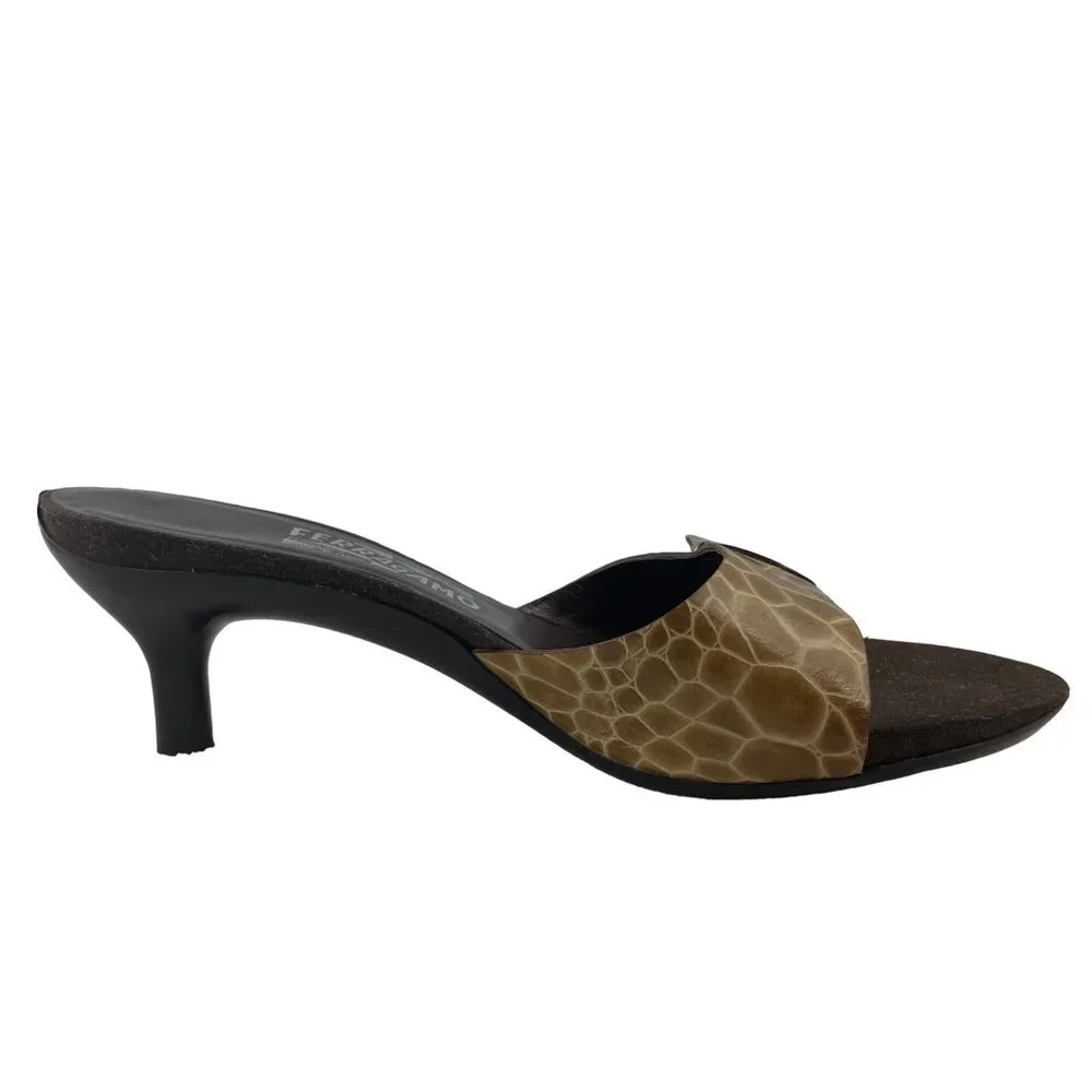 SALVATORE FERRAGAMO Crocodile Print Brown Leather Open Toe Kitten Heel Size 9 - Picture 5 of 13
